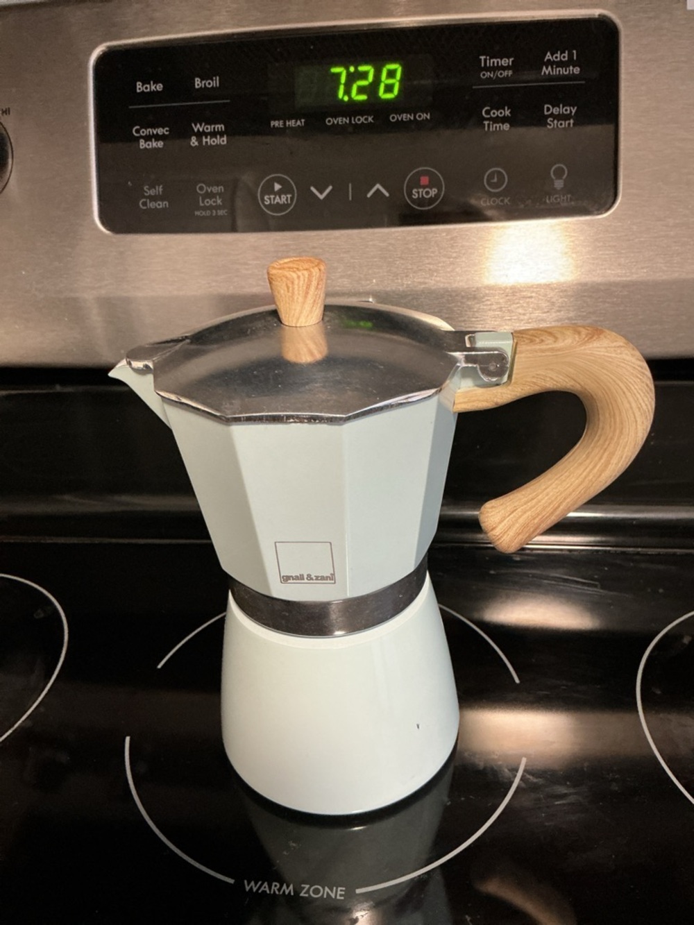 Stovetop Espresso Maker with Light Blue Finish and Stainless Filter